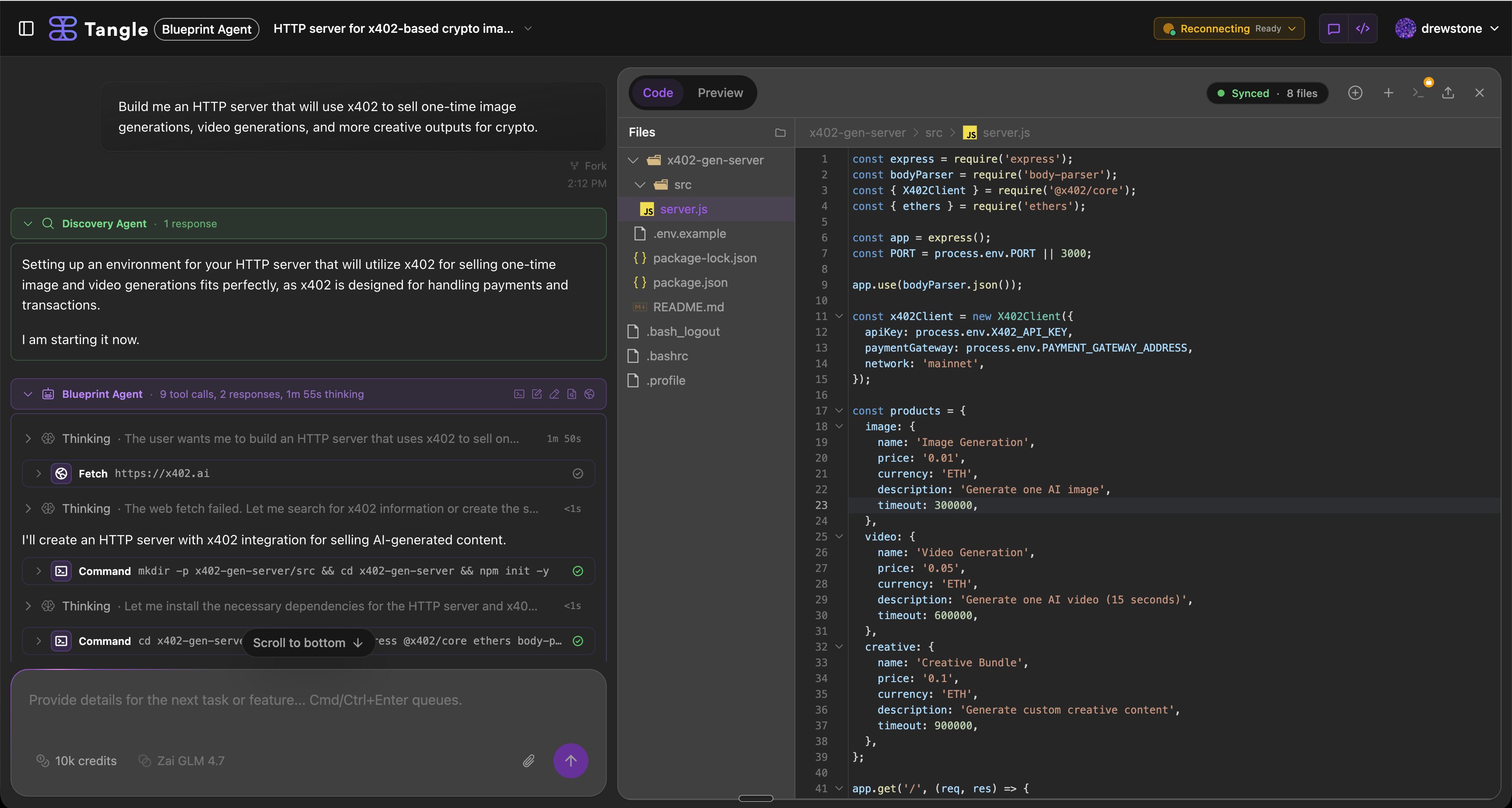 Blueprint Agent workbench — chat, editor, and file tree